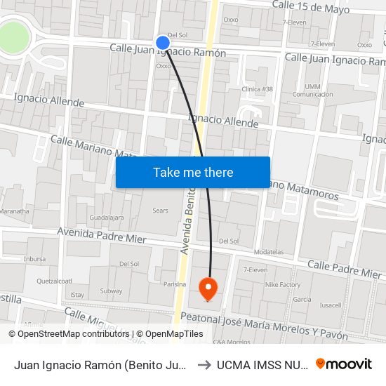 Juan Ignacio Ramón (Benito Juárez - Colegio Civil) to UCMA IMSS NUEVO LEON map