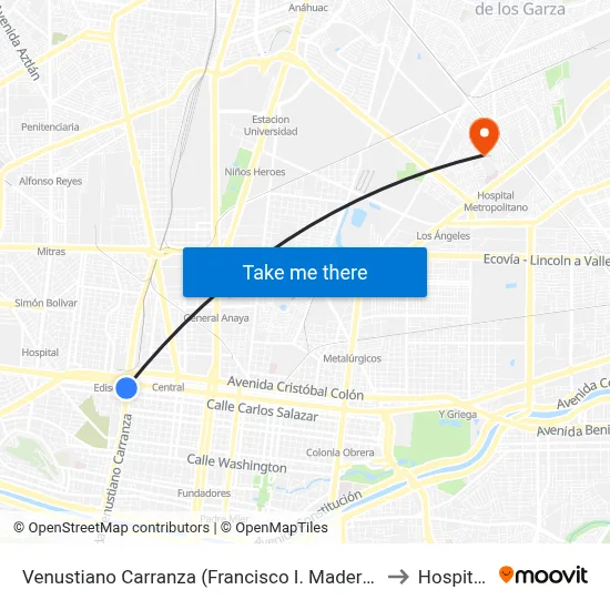 Venustiano Carranza (Francisco I. Madero - José María Arteaga) to Hospital UMI map
