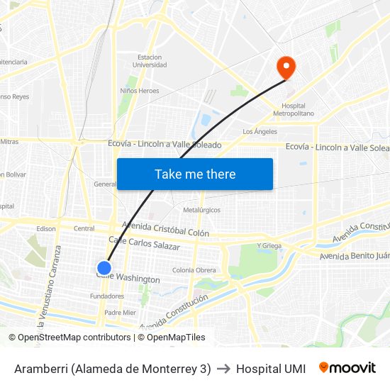 Aramberri (Alameda de Monterrey 3) to Hospital UMI map