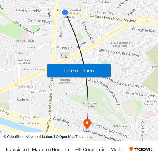 Francisco I. Madero (Hospital Universitario) to Condominio Médico Hidalgo map