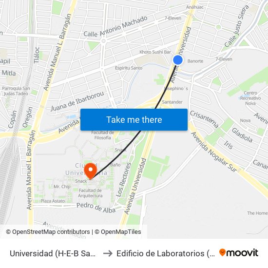 Universidad (H-E-B San Nicolás) to Edificio de Laboratorios (Edificio 2) map