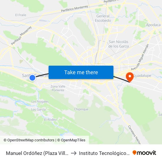 Manuel Ordóñez (Plaza Villas Santa Catarina) to Instituto Tecnológico de Nuevo León map