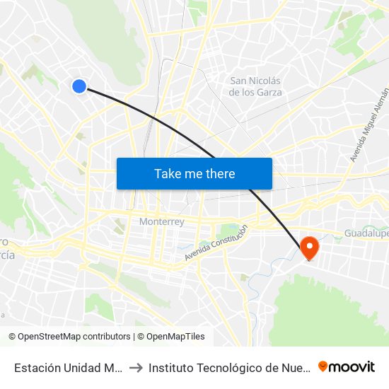 Estación Unidad Modelo to Instituto Tecnológico de Nuevo León map