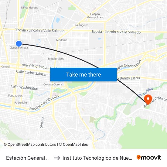 Estación General Anaya to Instituto Tecnológico de Nuevo León map