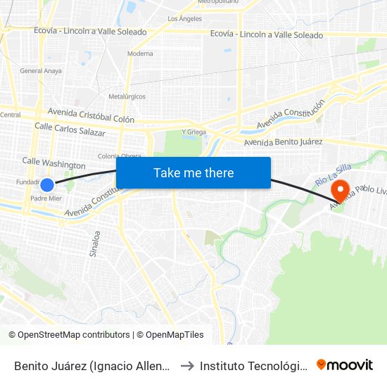 Benito Juárez (Ignacio Allende - Mariano Matamoros) to Instituto Tecnológico de Nuevo León map