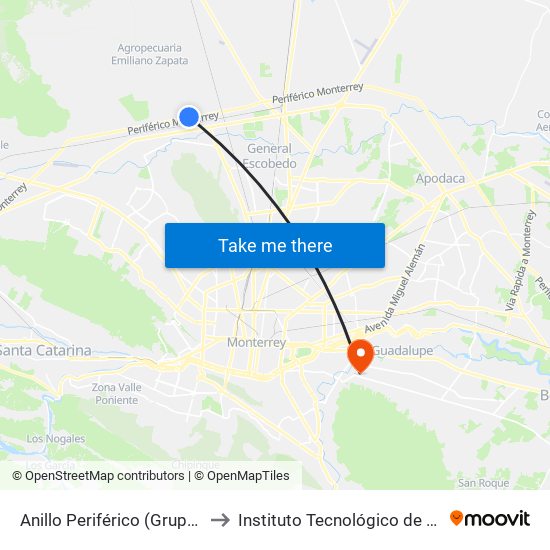 Anillo Periférico (Grupo Sukarne) to Instituto Tecnológico de Nuevo León map
