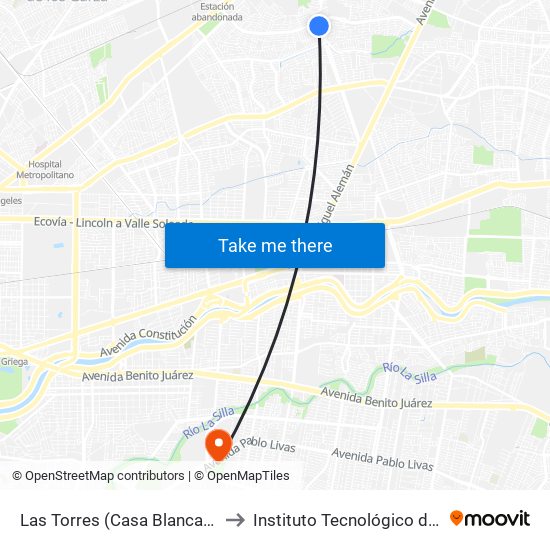 Las Torres (Casa Blanca - Montecarlo) to Instituto Tecnológico de Nuevo León map