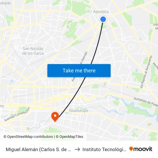 Miguel Alemán (Carlos S. de Gortari - Andrés Guajardo) to Instituto Tecnológico de Nuevo León map