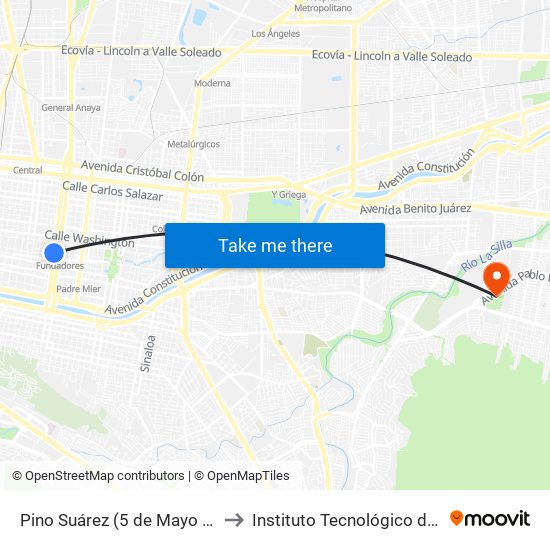 Pino Suárez (5 de Mayo - 15 de Mayo) to Instituto Tecnológico de Nuevo León map