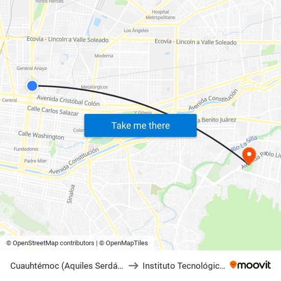 Cuauhtémoc (Aquiles Serdán - Guadalupe Victoria) to Instituto Tecnológico de Nuevo León map