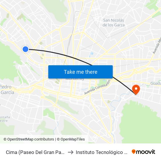Cima (Paseo Del Gran Parque - Zapopan) to Instituto Tecnológico de Nuevo León map