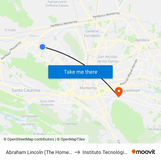 Abraham Lincoln (The Home Depot Cumbres Oeste) to Instituto Tecnológico de Nuevo León map