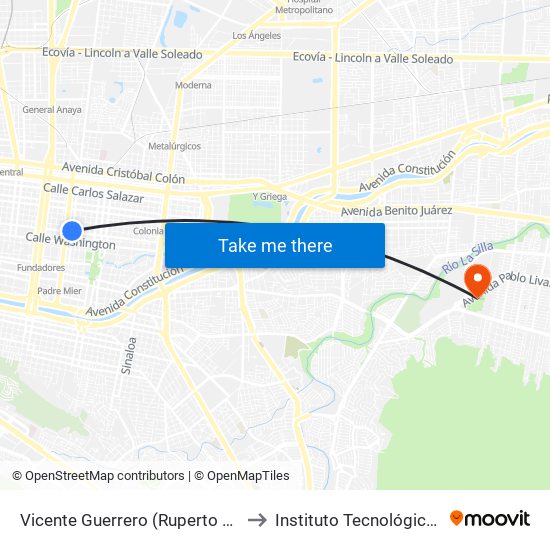 Vicente Guerrero (Ruperto Martínez - Aramberri) to Instituto Tecnológico de Nuevo León map