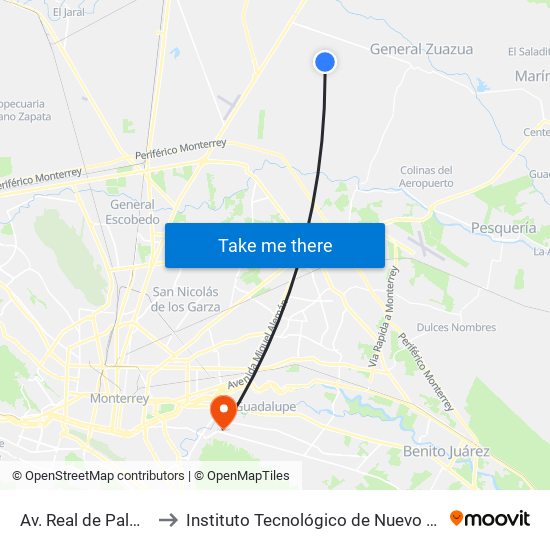 Av. Real de Palmas to Instituto Tecnológico de Nuevo León map