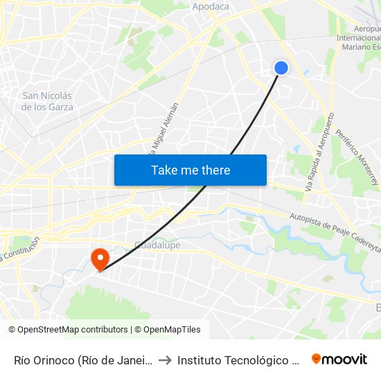 Río Orinoco (Río de Janeiro - San Isidro) to Instituto Tecnológico de Nuevo León map
