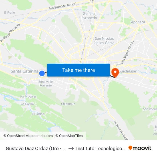 Gustavo Díaz Ordaz (Oro - 20 de Noviembre) to Instituto Tecnológico de Nuevo León map