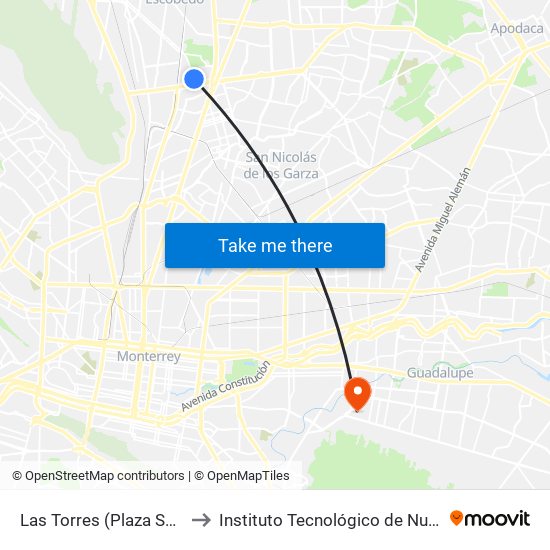 Las Torres (Plaza Sendero) to Instituto Tecnológico de Nuevo León map