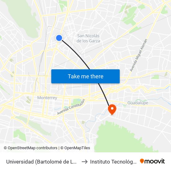 Universidad (Bartolomé de Las Casas - 18 de Diciembre) to Instituto Tecnológico de Nuevo León map