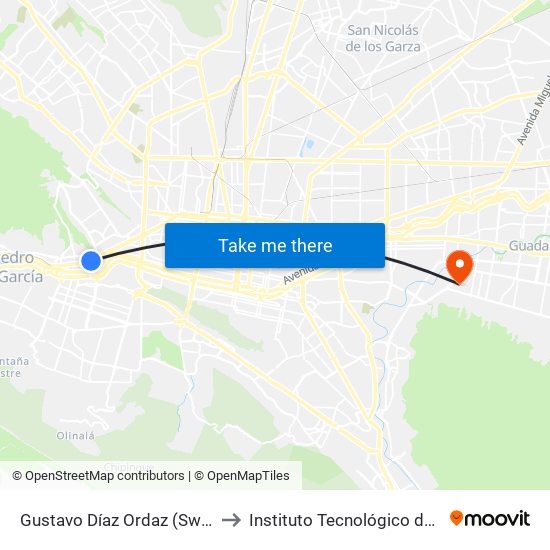 Gustavo Díaz Ordaz (Swiss Hospital) to Instituto Tecnológico de Nuevo León map
