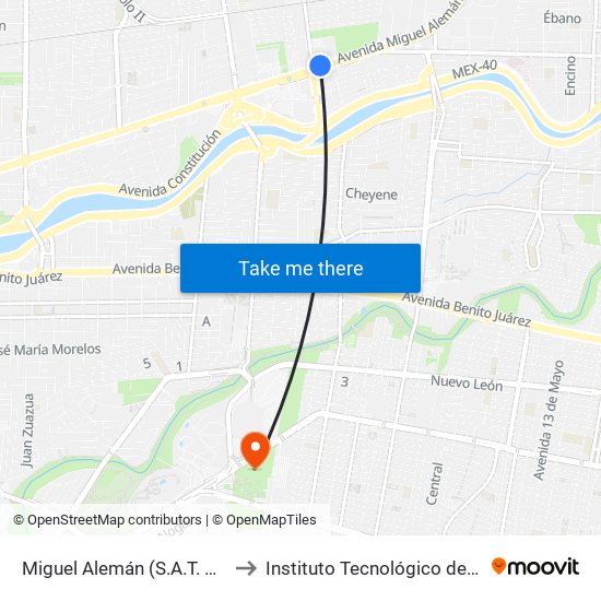 Miguel Alemán (S.A.T. Nuevo León) to Instituto Tecnológico de Nuevo León map
