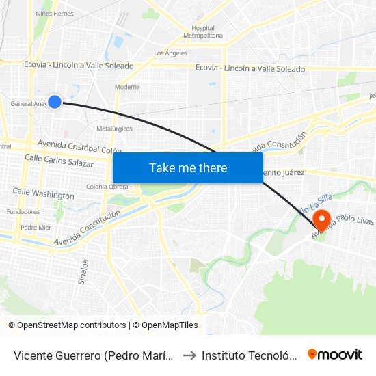 Vicente Guerrero (Pedro María Anaya - Juan Ponce de León) to Instituto Tecnológico de Nuevo León map
