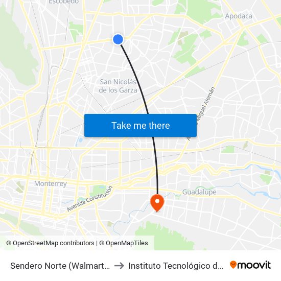 Sendero Norte (Walmart San Nicolás) to Instituto Tecnológico de Nuevo León map