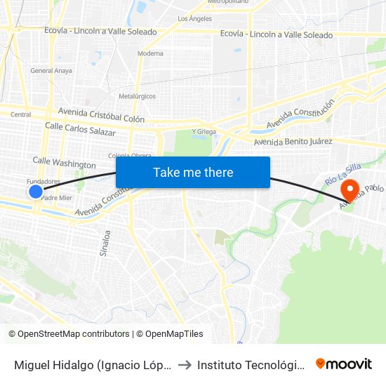 Miguel Hidalgo (Ignacio López Rayón - Pino Suárez) to Instituto Tecnológico de Nuevo León map
