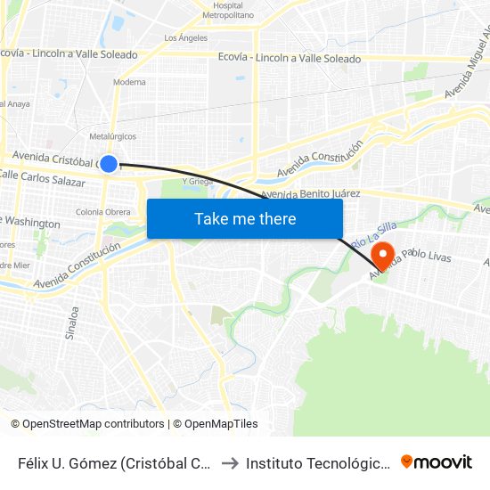 Félix U. Gómez (Cristóbal Colón - Ramón Treviño) to Instituto Tecnológico de Nuevo León map