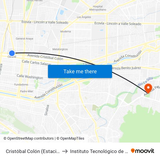 Cristóbal Colón (Estación Central) to Instituto Tecnológico de Nuevo León map