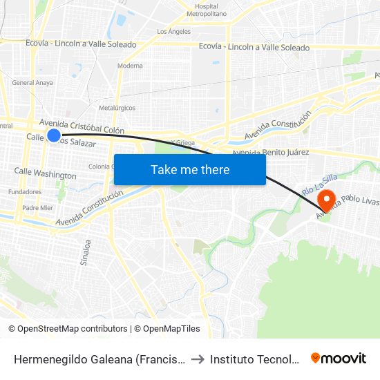 Hermenegildo Galeana (Francisco I. Madero - José María Arteaga) to Instituto Tecnológico de Nuevo León map