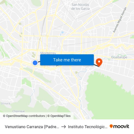 Venustiano Carranza (Padre Mier - Miguel Hidalgo) to Instituto Tecnológico de Nuevo León map