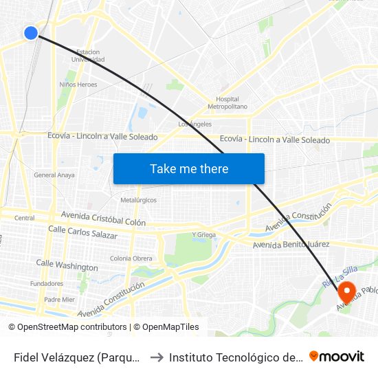 Fidel Velázquez (Parque Clavellinas) to Instituto Tecnológico de Nuevo León map