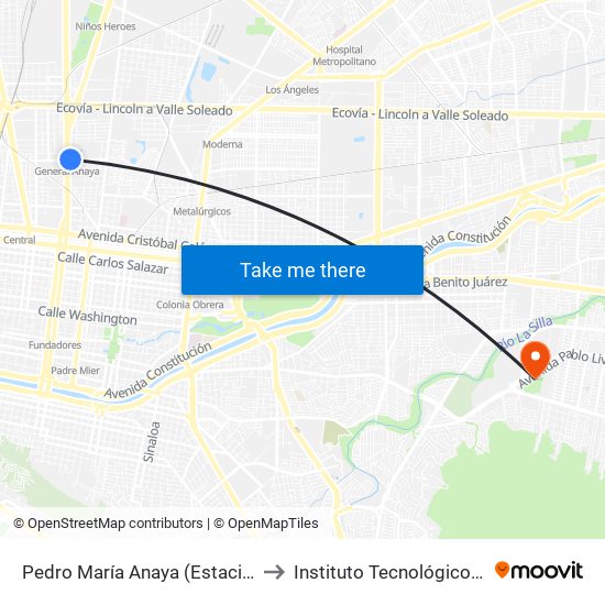 Pedro María Anaya (Estación General Anaya) to Instituto Tecnológico de Nuevo León map
