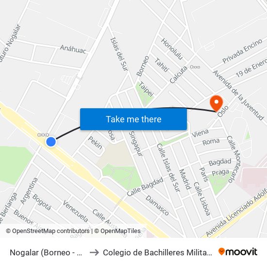 Nogalar (Borneo - Diego Díaz de Berlanga) to Colegio de Bachilleres Militarizado ""Gral. Mariano Escobedo"" map