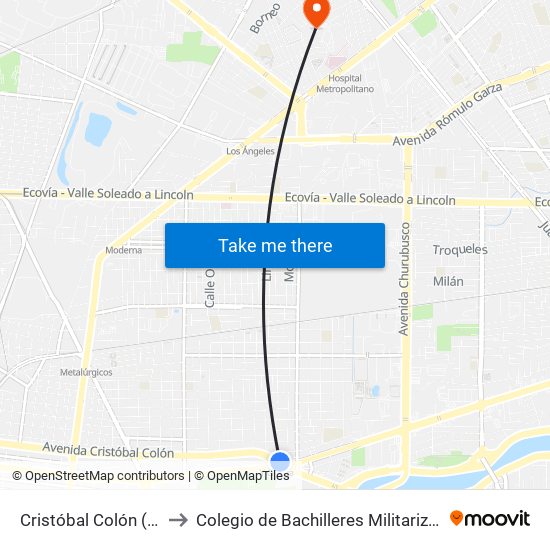 Cristóbal Colón (Estación Y Griega) to Colegio de Bachilleres Militarizado ""Gral. Mariano Escobedo"" map