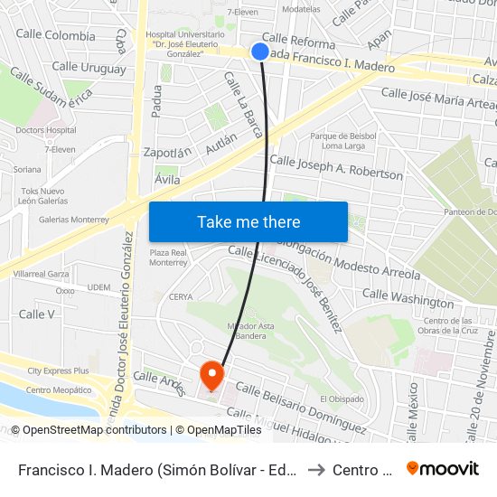 Francisco I. Madero (Simón Bolívar - Eduardo Aguirre Pequeño) to Centro Médico map