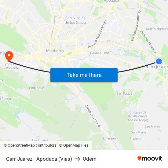 Carr Juarez - Apodaca (Vias) to Udem map