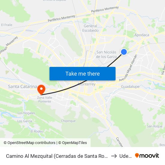 Camino Al Mezquital (Cerradas de Santa Rosa) to Udem map