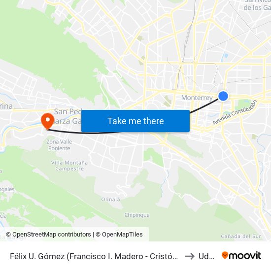 Félix U. Gómez (Francisco I. Madero - Cristóbal Colón) to Udem map