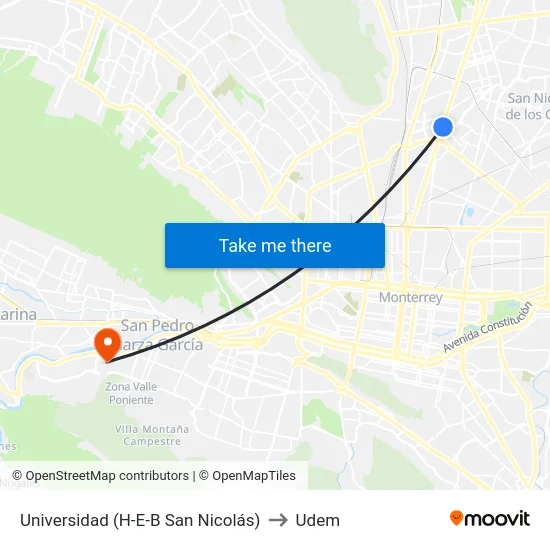 Universidad (H-E-B San Nicolás) to Udem map
