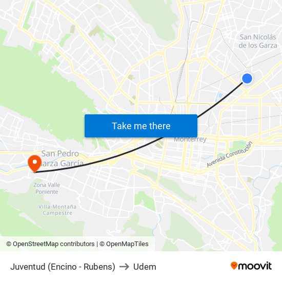 Juventud (Encino - Rubens) to Udem map