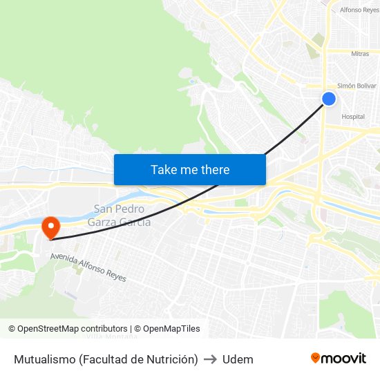 Mutualismo (Facultad de Nutrición) to Udem map