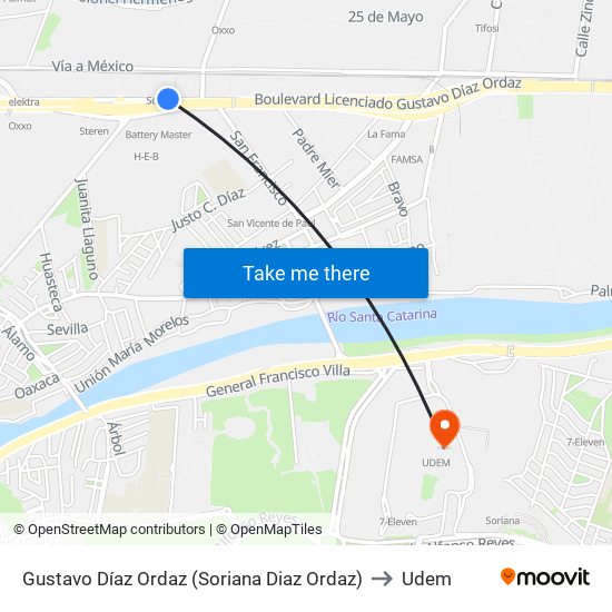 Gustavo Díaz Ordaz (Soriana Diaz Ordaz) to Udem map