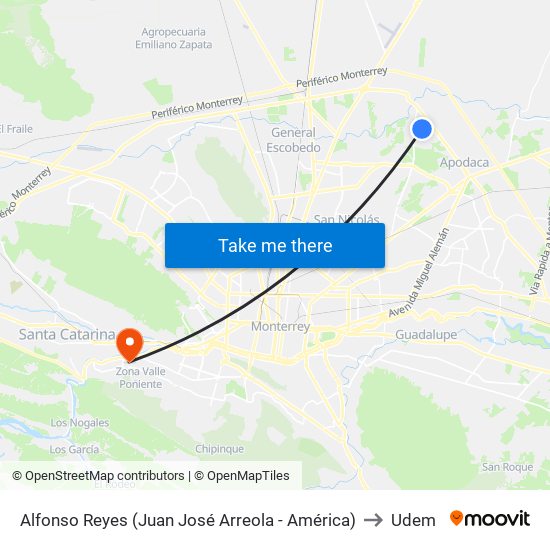 Alfonso Reyes (Juan José Arreola - América) to Udem map