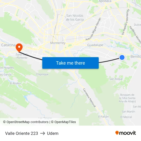 Valle Oriente 223 to Udem map