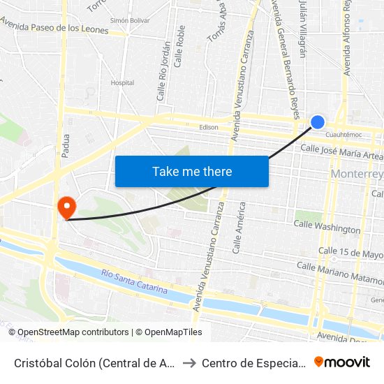 Cristóbal Colón (Central de Autobuses de Monterrey) to Centro de Especialidades Médicas map