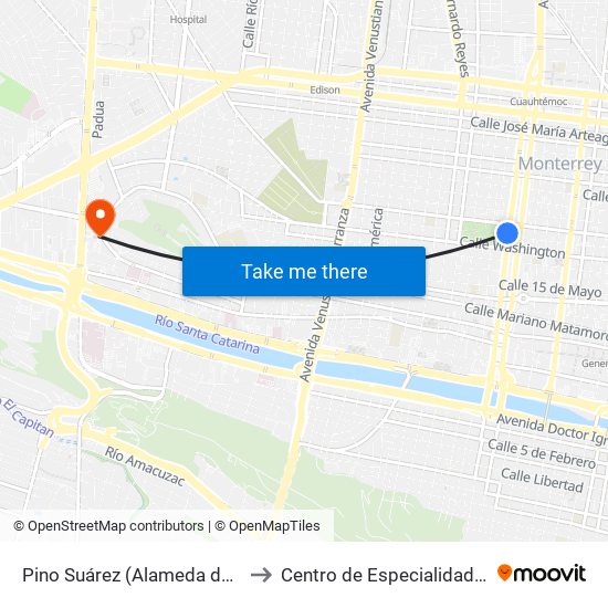 Pino Suárez (Alameda de Monterrey) to Centro de Especialidades Médicas map