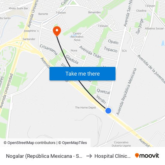 Nogalar (República Mexicana - San Nicolás) to Hospital Clínica Nova map