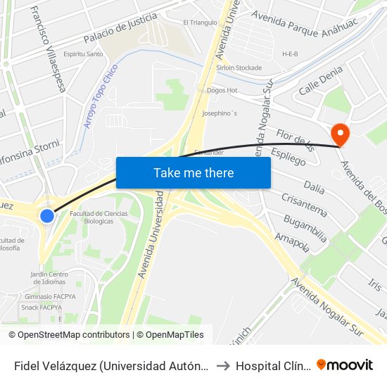 Fidel Velázquez (Universidad Autónoma de Nuevo León) to Hospital Clínica Nova map