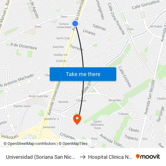 Universidad (Soriana San Nicolás) to Hospital Clínica Nova map